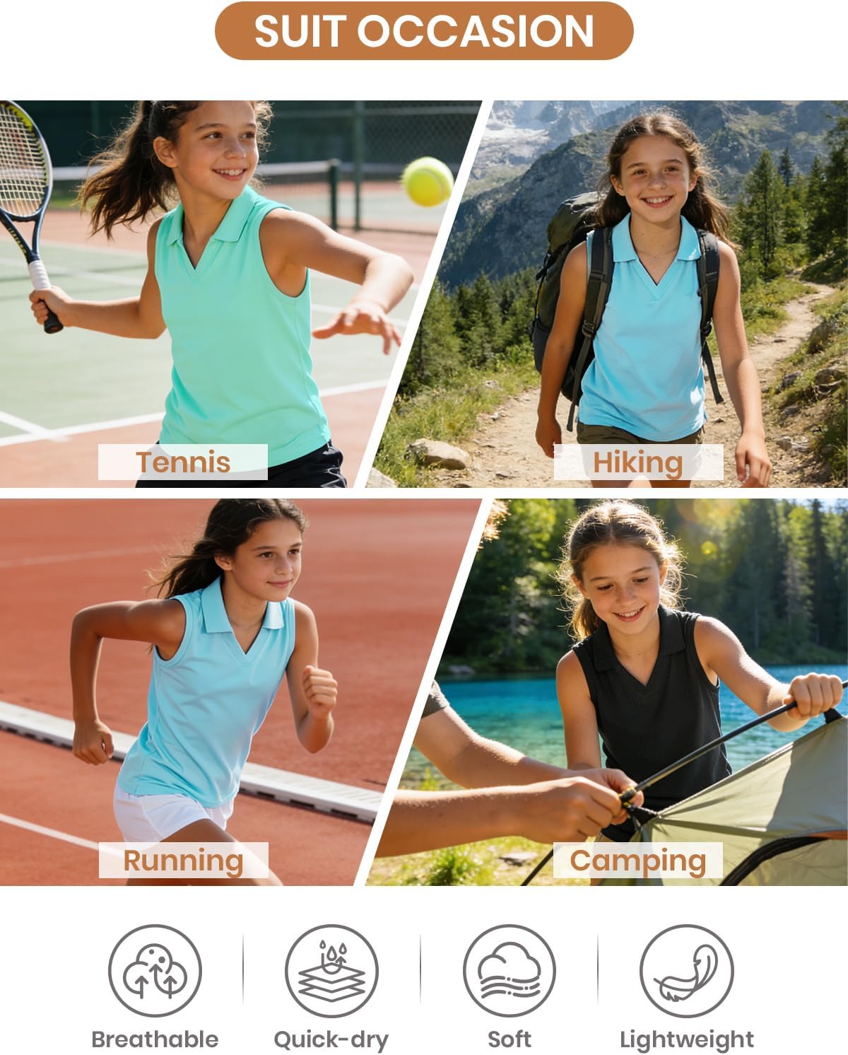 Star Vibe 3 Pack Youth Girls Sleeveless Polo Shirts V-Neck Lightweight Athletic T-Shirt Quick Dry Golf Tennis Tank Tops