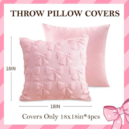 Pink Bow Throw Pillow Covers 18x18in, Pink Throw Pillow Cases Set of 4, White Bow Pillow Covers Decorations Faux Fur Soft, Bowknot Preppy Stuf Pillowcovers for Holiday Sofa Couch Home Decor