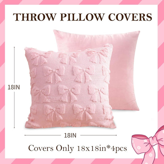 Pink Bow Throw Pillow Covers 18x18in, Pink Throw Pillow Cases Set of 4, White Bow Pillow Covers Decorations Faux Fur Soft, Bowknot Preppy Stuf Pillowcovers for Holiday Sofa Couch Home Decor