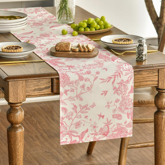 Artoid Mode Pink Monochrome Sketch Birds Flowers Spring Table Runner, Seasonal Summer Kitchen Dining Table Decoration for Home Party Decor 13x72 Inch