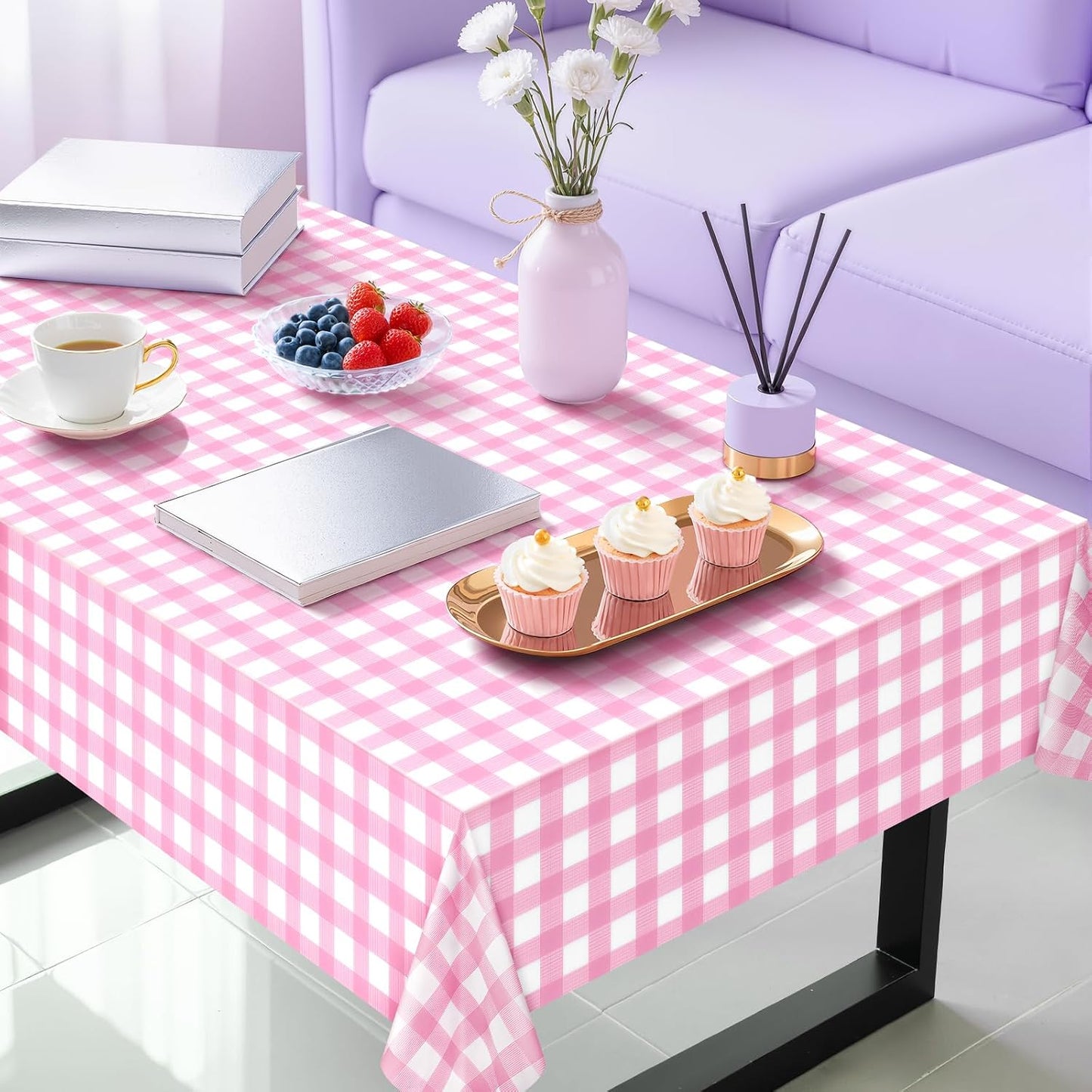 2 Pack Pink Striped Gingham Tablecloths, 54 x 108 Inch Disposable Plastic Rectangle Table Covers, Waterproof Pink and White Checkered Pink Table Cloths for Picnic, Birthday, Party, Outdoor Events