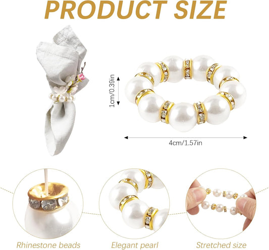 60 Pcs Wedding Pearl Napkin Rings Imitation Pearl Beaded Napkin Rings Holder Silver White and Gold Elastic Dinner Table Decor Rhinestone Serviette Rings for Table Party Decorations
