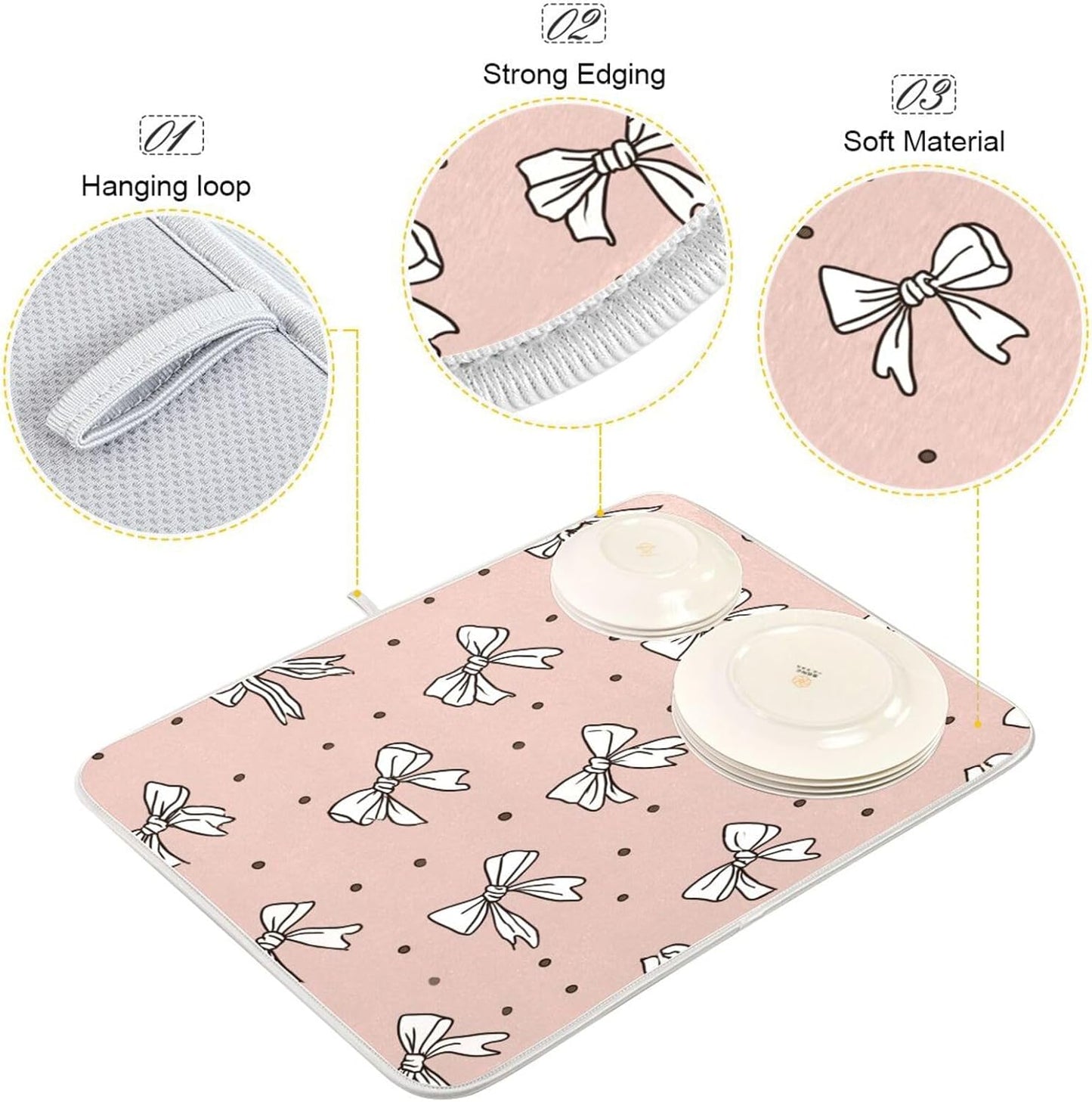 Cute Bow Light Pink Cute Dish Drying Mat Absorbent Dishes Drainer Rack Mats Microfiber Reversible Dish Drying Pad Fast Dry Kitchen Accessories 16x18in For Kitchen Counter