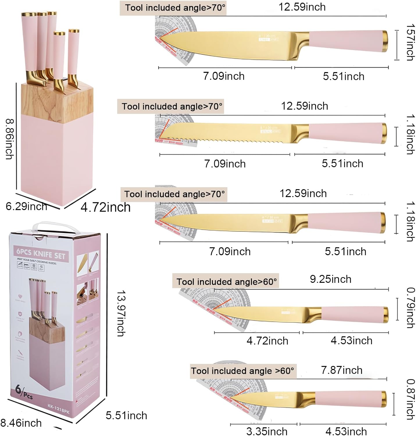 Kitchen Knife Set with Block and Sharpener, 7-Piece Knife Set for Chef, Pink Knife Holder Set, Gold-Plated Stainless Steel Kitchen Knife, Ergonomically Designed (Pink)