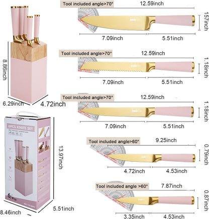Kitchen Knife Set with Block and Sharpener, 7-Piece Knife Set for Chef, Pink Knife Holder Set, Gold-Plated Stainless Steel Kitchen Knife, Ergonomically Designed (Pink)