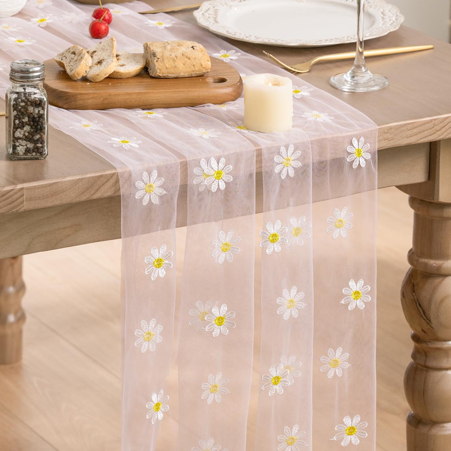 Artoid Mode Light Pink Daisy Gauze Embroidery Table Runner 120 Inch 10FT, Tulle Seasonal Spring Kitchen Dining Holiday Table Decor for Home Party