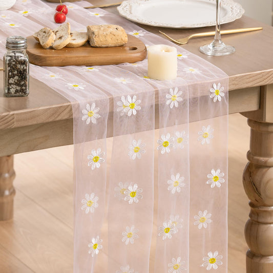 Artoid Mode Light Pink Daisy Gauze Embroidery Table Runner 120 Inch 10FT, Tulle Seasonal Spring Kitchen Dining Holiday Table Decor for Home Party