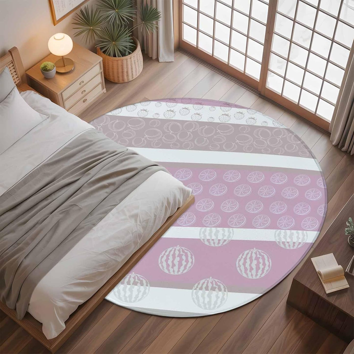 Round Rugs 3ft, Farm Fruits Non Slip Washable Rug Runner, Watermelon Lemons Peach Pink Grey Striped Low Pile Indoor Floor Carpet Mat Bathroom Rugs for Living Room, Bedroom, Kids Room