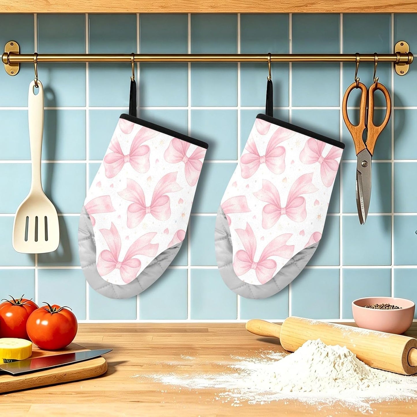 Watercolor Bows Pink Non-Slip Oven Mitts Set Heat Resistant Kitchen Gloves with Quilted Liner Cotton Machine Washable with Hanging Loop for Baking Grilling BBQ