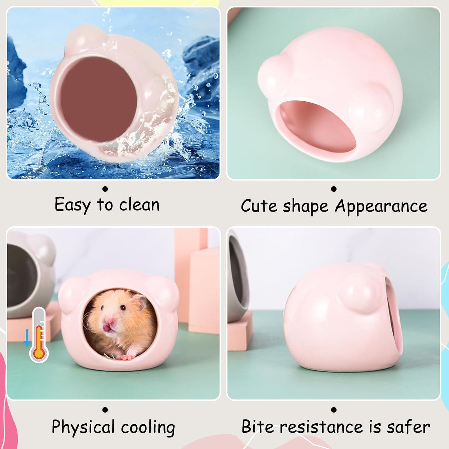 Ceramic Hamster House, Cute Animal Shaped Hamster Cave, Summer Cool Small Animal Hideout Habitat Decor for Dwarf Hamsters (Pink)