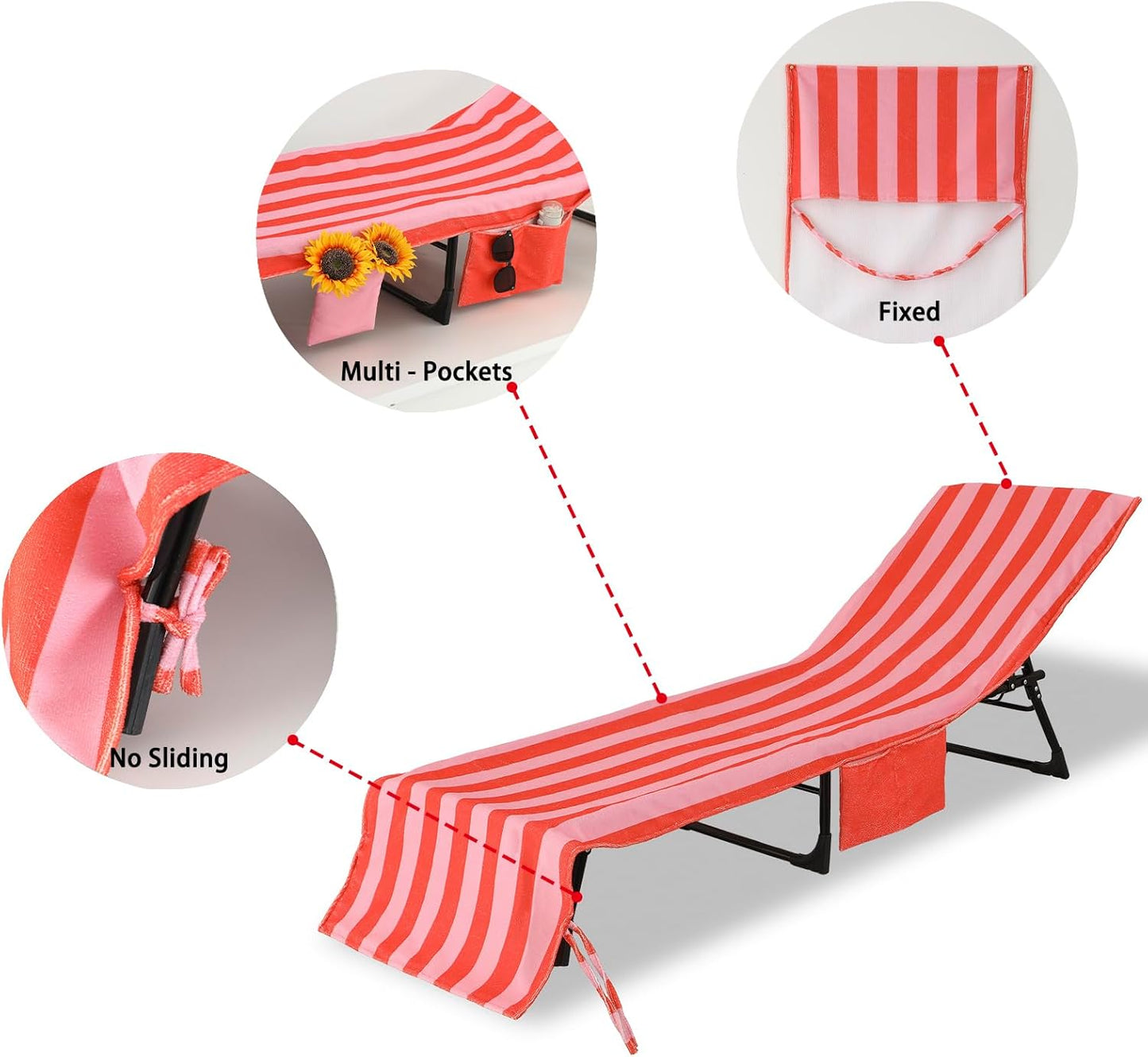 Beach Lounge Chair Towel Cover,Soft Microfiber Chaise Lounge Towel Cover Patio Pool Chairs Cover with Side Pockets,80" x 26" Chair Cover for Beach/Pool Sunbathing (Orange and Pink Stripe)