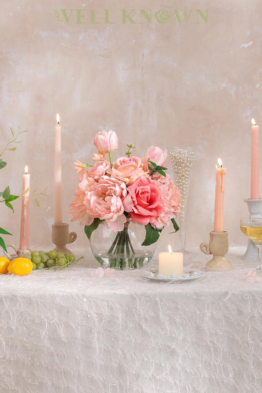 WELL KNOWN Artificial Flowers in Vase with Fake Water, Peach Pink Silk Peony Rose Tulip Spring Flower Bouquet for Home Birthday Party Wedding Dining Table Centerpieces Office Decor Mom's Gift
