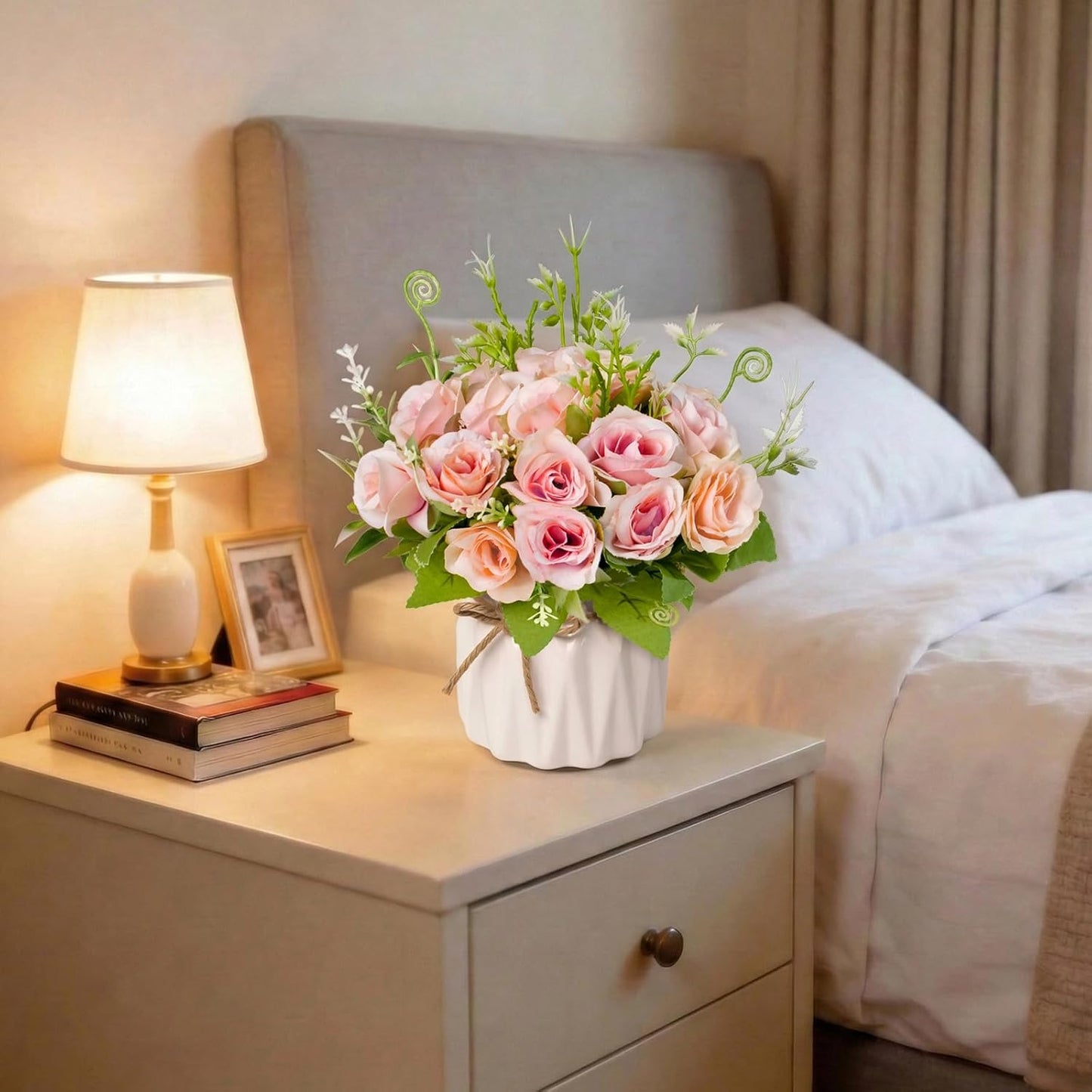 Pink Artificial Roses with Ceramic Vase, No Maintenance Fake Flowers for Table Decor, Realistic Silk Rose Bouquet for Home Office Wedding Gift