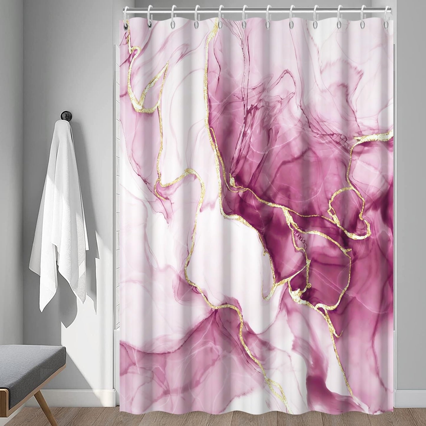 Pink Shower Curtain, Ombre Pink Marble Shower Curtain Set Modern Aesthetic Ink Texture Waterproof Bathroom Curtain with Hooks, 72x72 Inch