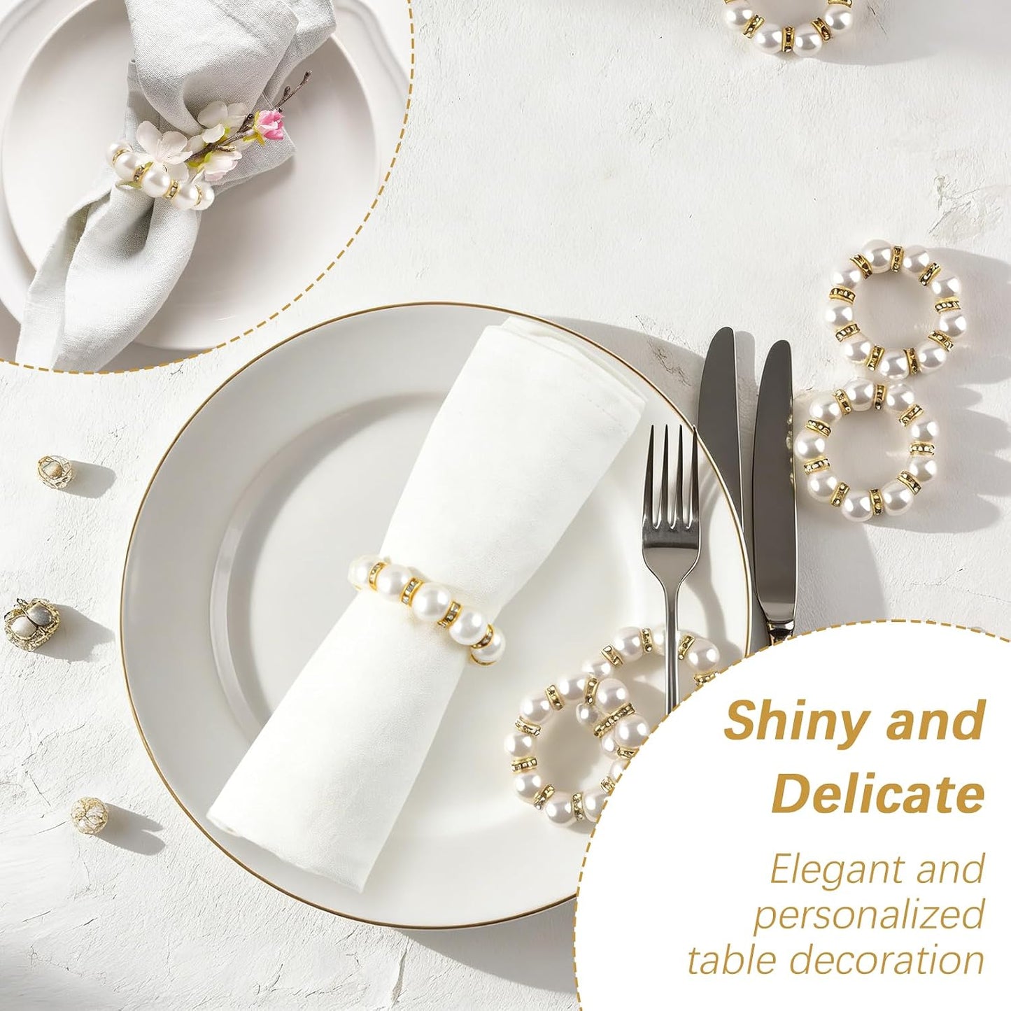 60 Pcs Wedding Pearl Napkin Rings Imitation Pearl Beaded Napkin Rings Holder Silver White and Gold Elastic Dinner Table Decor Rhinestone Serviette Rings for Table Party Decorations
