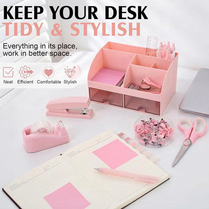 Eersida Desk Accessories Supplies, 26 Pcs Desk Organizer with Tape Dispenser, Stapler, Staple, Staple Remover, Scissor, Ruler, Sticky Tabs, Tape, Ballpoint Pen, Pencil, Clips for School Office(Pink)
