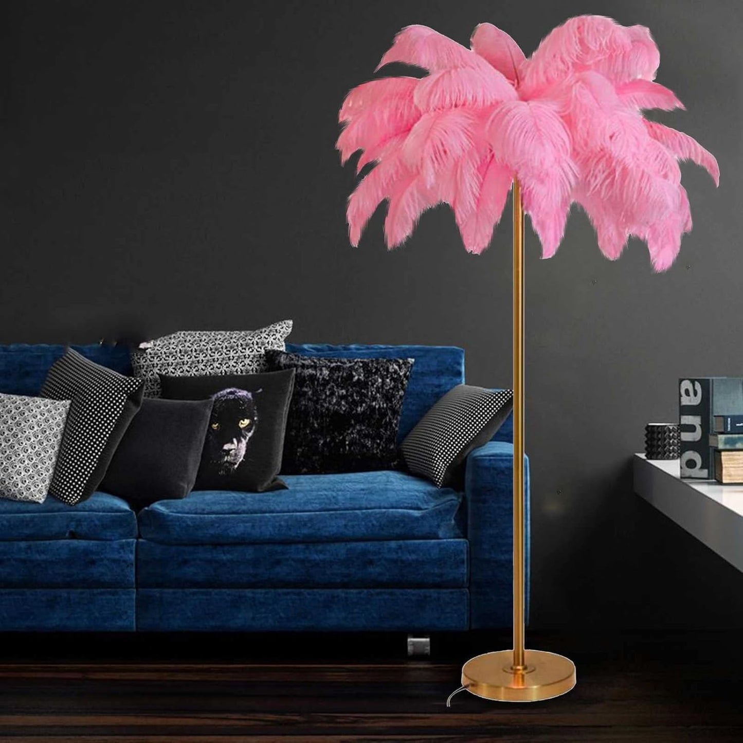 Elegant Nordic Natural Ostrich Feather Floor Lamps,Palm Tree Standing Light, Living Room Office Princess Bedroom Bedside Lamp, Decor Lighting (Pink)