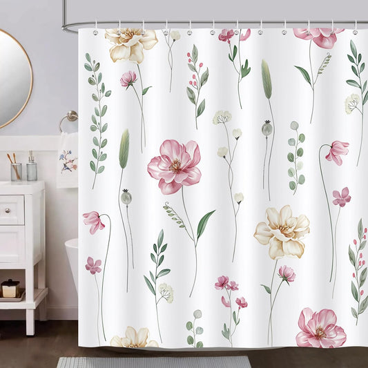 Bonhause Pink Beige Floral Shower Curtain, Watercolor Flower Leaves Modern Minimalist Bathroom Decor 72x72 Inch Polyester Fabric Waterproof Bath Curtain with 12 Hooks
