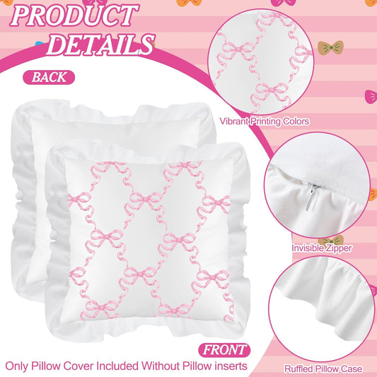 Fanfanwin Pink Bow Pillow Covers Set of 2 Christmas Ruffle Pillow Cases Coquette Pillowcase Sham Covers Cute Preppy Bow Pillows Decorative Girly Apartment Bedroom Room Decor 18 x 18''
