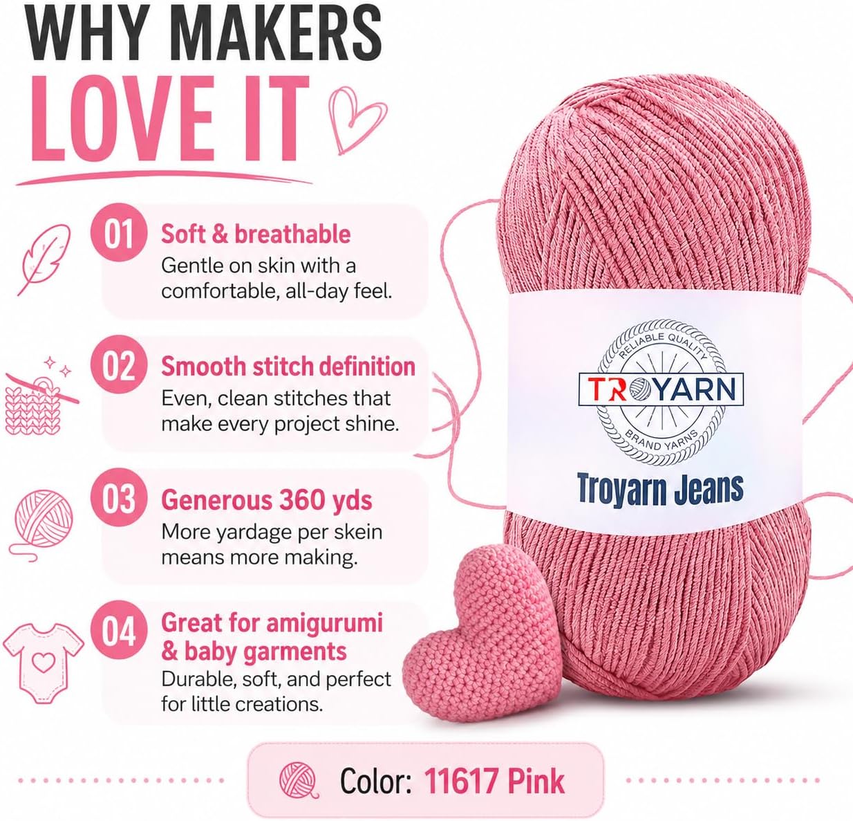 60% Cotton 40% Acrylic Crochet Yarn - Soft Fine/Sport Yarn - Pink - Ideal for Amigurumi Dolls and Baby Garments