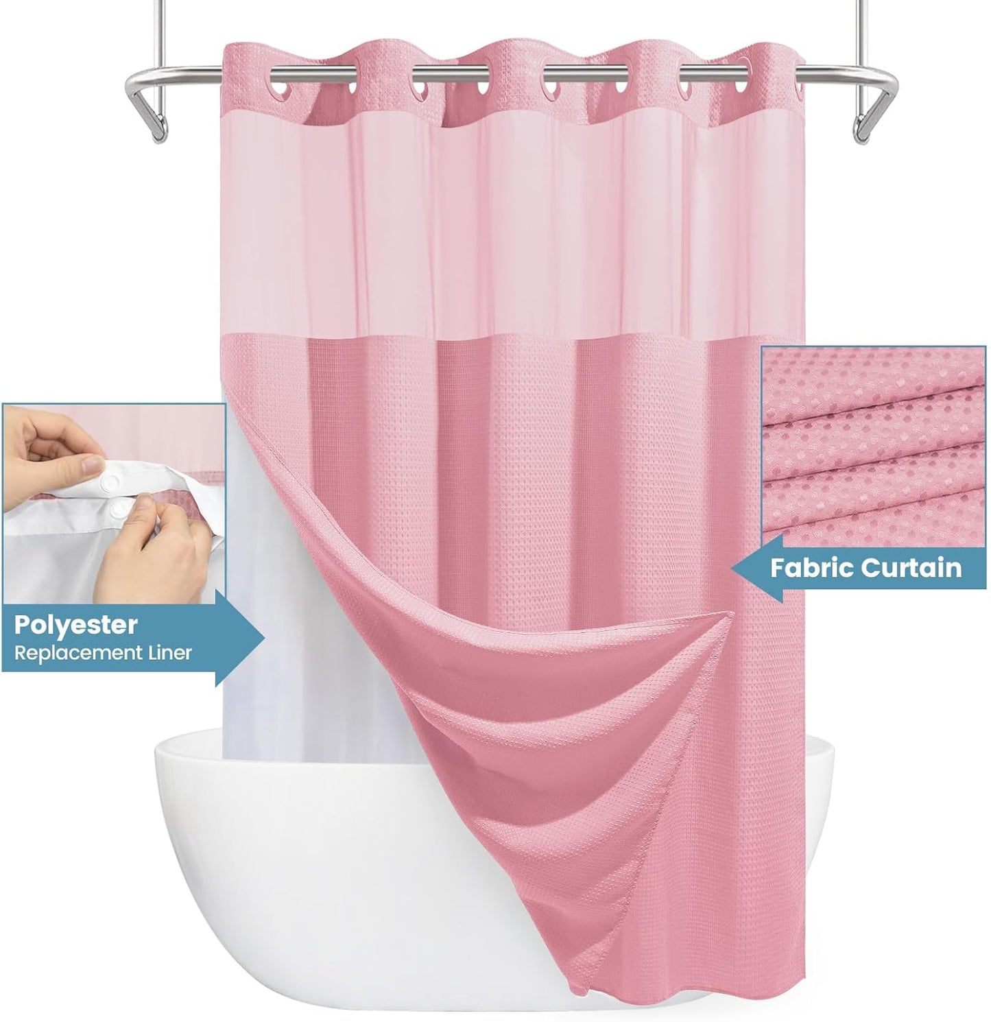 EUTXL Pink Shower Curtain with Liner - 230GSM Waffle Textured Heavy Duty Shower Curtains for Bathroom,71W x 74H