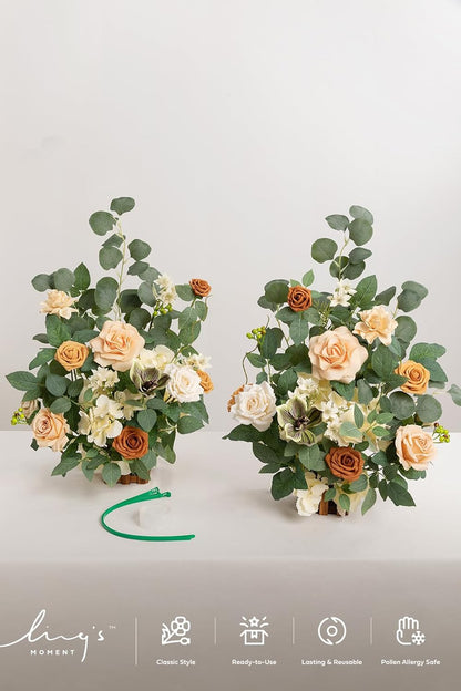 Ling's moment 17.5" Tall Standing Artificial Flowers Arrangements 2 pcs Wedding Aisle Runner Chair Decorations Apricot & Soft Peach Centerpieces for Ceremony Reception Rose Floral Party Outdoor