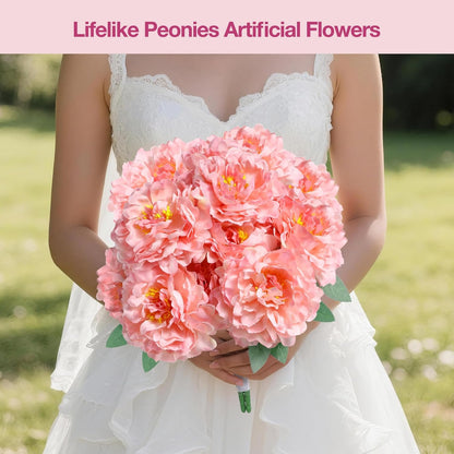 Peonies Artificial Flowers, 2 Bouquets of 7-Heads Silk Artificial Peonies with Flexible Stems, Faux Peonies for Home & Wedding Decor, Table Centerpieces, Floral Arrangement (2, coral pink)