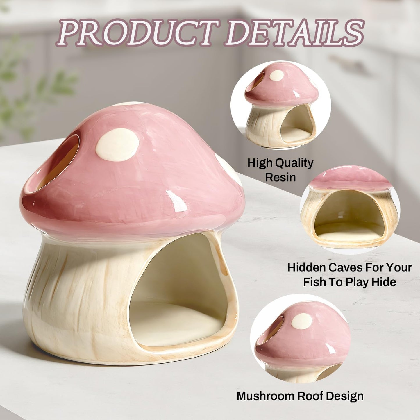 Betta Fish Tank Accessories, 4.33'' × 4.33'' Ceramic Mushroom House Aquarium Decor - Cute Pink Hideout Cave Ornament for Small Fish, Shrimp, Goldfish, Hamsters & Reptiles (Pink)