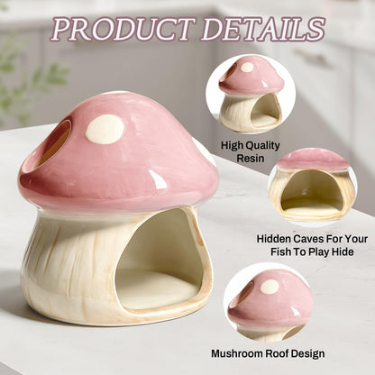 Betta Fish Tank Accessories, 4.33'' × 4.33'' Ceramic Mushroom House Aquarium Decor - Cute Pink Hideout Cave Ornament for Small Fish, Shrimp, Goldfish, Hamsters & Reptiles (Pink)