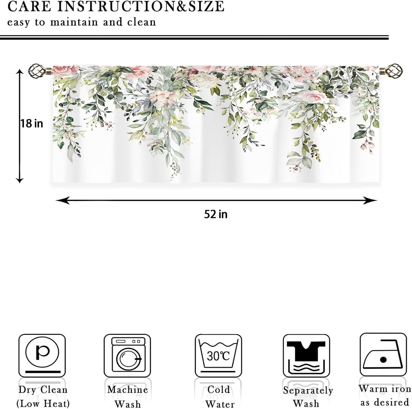 Pink Rose Valances Kitchen Curtains Flower Eucalyptus Botanical Leaves Window Drapes Floral Plants Bedroom Bathroom Living Room Treatment Tier 1 Panel 52Wx18H Inch