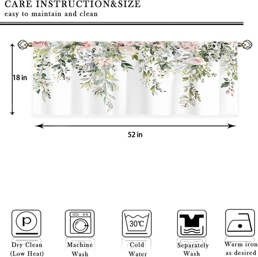 Pink Rose Valances Kitchen Curtains Flower Eucalyptus Botanical Leaves Window Drapes Floral Plants Bedroom Bathroom Living Room Treatment Tier 1 Panel 52Wx18H Inch