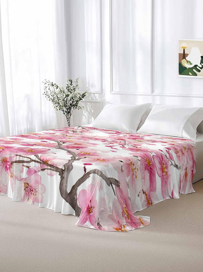 Spring Peach Flowers Flat Sheets Only Full Size, Soft Breathable Bed Top Sheets for Mattress, Pink Botanical Floral Leaves Branch Luxury Bedding Flat Sheets for Home Hotel Bedroom Bed Protection