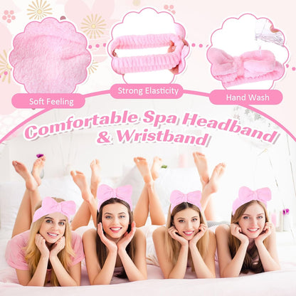 Honeydak 48 Pcs 6 Set Spa Party Favors for Women Pink Sleepover Party Supplies Bulk Face Mask Bowl Set Mirror Headband Scrunchies Face Wash Cloths Basin Eye Mask for Spa Sleepover Birthday