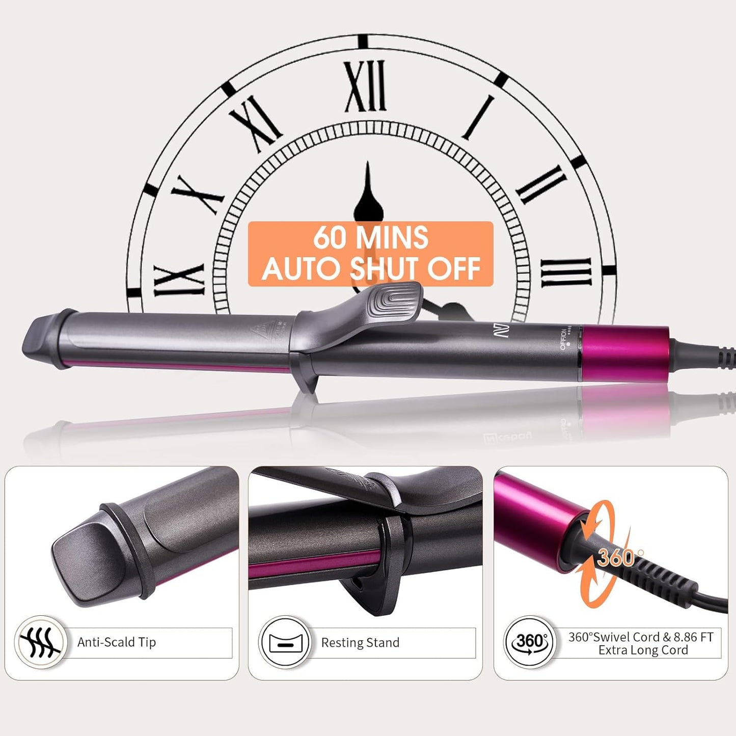 Nycoba Curling Iron, 1 1/4 Inch Hair Curling Wand with Ceramic Coating, Professional Hair Curler, Fast Heating up to 430°F, Wide Voltage for Worldwide, 60 Mins Auto Off, Pink