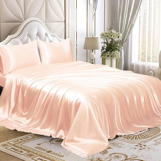 Soft Silky Satin Sheets Queen, Peach, 4 Piece Sheet Set, 18"–24" Deep Pockets Easy Fit - 1 Flat Sheet, 1 Fitted Sheet and 2 Pillowcases, Breathable & Cooling Wrinkle Free Sheet Sets