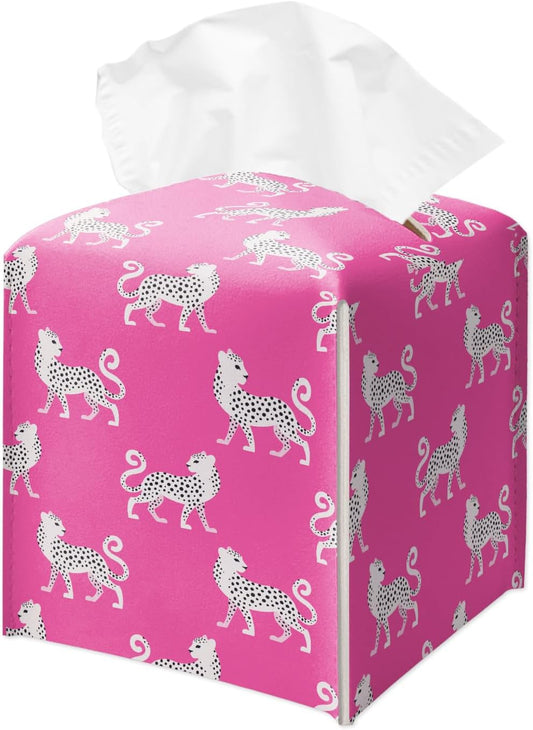 Pink Cheetah Tissue Box Holder, Leather Tissue Box Cover Square, Waterproof Facial Paper Organizer Dispenser for Home Bathroom Bedroom Night Stand Office Countertop -028