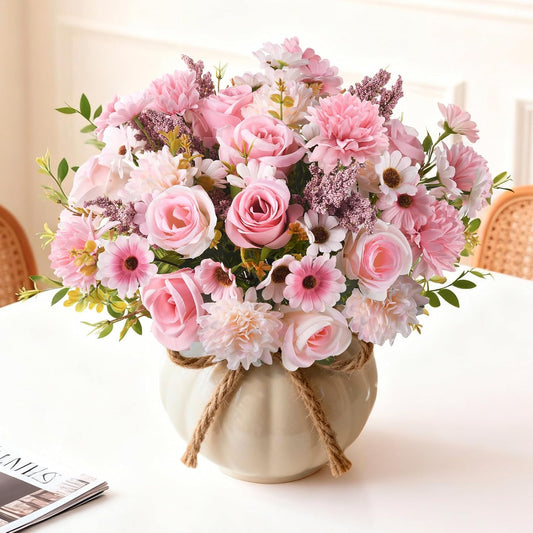 Artificial Fake Flowers for Spring Decoration, 4 Pcs Faux Silk Flower Arrangements Centerpiece for table with Chrysanthemum Rose Daisy Floral Bouquets Office Wedding Patio Porch Indoor Home Decor