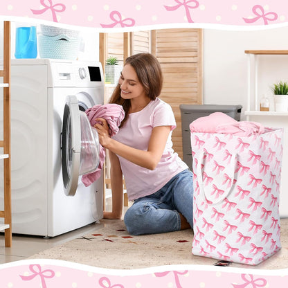 Leinuosen 2 Pcs 80l Large Bow Pink Laundry Hamper Basket with Waterproof Inner Lining, Collapsible Pink Clothes Storage Baskets Bin with Handles for Bedroom, Nursery & Home Organization(Pastel)