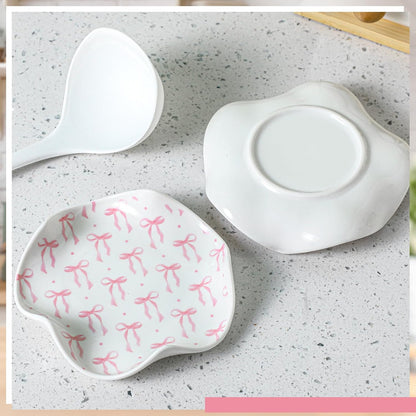 Teenyyou Bow Spoon Rest for Kitchen Counter, Cute Ceramic Cooking Spoon Holder for Stove Top, Large Utensil Spatula Rest Tray Kitchen Gadgets Gift Housewarmings, 5.2 Inch(Pink Bow)