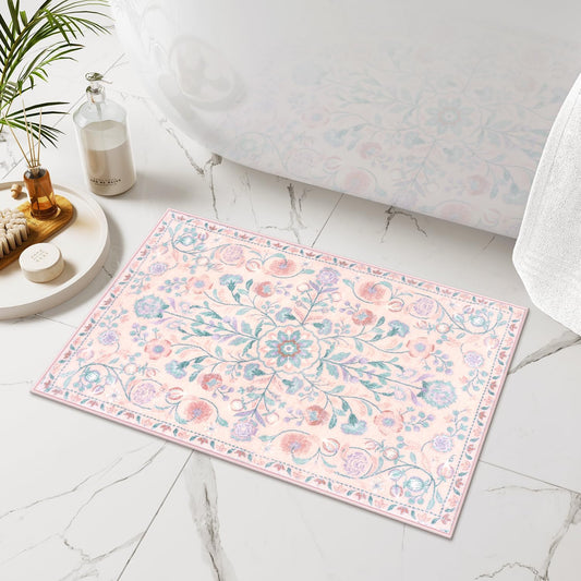 Uphome Pink Bathroom Rugs Vintage Boho Bath Mat Soft Shaggy Non-Slip Farmhouse Bath Rug Machine Washable Distressed Floral Toilet Rug for Shower Sink Door Mat, 18x26 inch