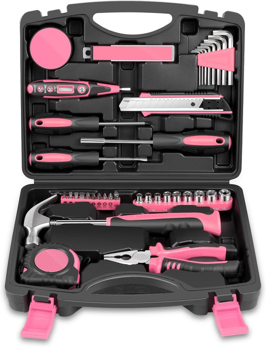 Auto Dynasty Tool Kit for Home 46-Pieces, Basic Household Hand Tool Sets with Screwdrivers Combination Tools, All in One Plastic Toolbox Storage Case for College Dorm, Office, Auto Repair (Pink)