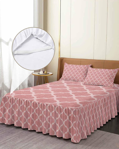 Bed Skirt for Twin Size Bed 18 Inches Drop Moroccan Texture Ruffled Bedding Sheet Sets Soft Bedspread Retro Peach Pink Linen Wrap Around Bed Skirt Sheet Set with 2 Pillowcases for Bedroom 39x75 Inch