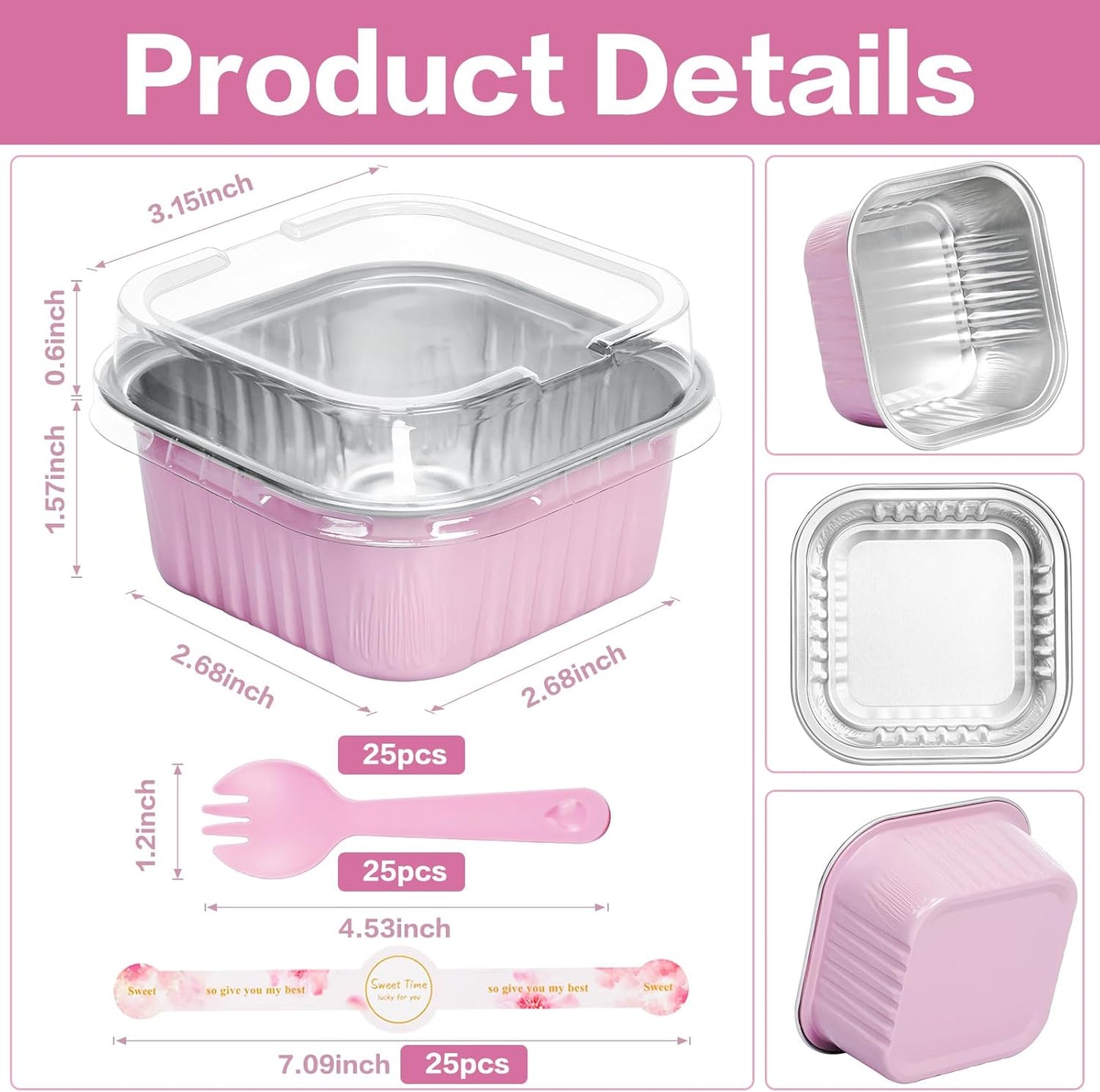 Mini Cake Pans with Lids, ZOXILEN 5oz/150ml Mini Loaf pans with Lids Spoons Aluminum Foil, Disposable Square Small Baking Cups Tins Muffin Pan Cheesecake Containers for Party Pink 25Pack