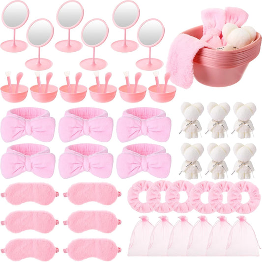 Honeydak 48 Pcs 6 Set Spa Party Favors for Women Pink Sleepover Party Supplies Bulk Face Mask Bowl Set Mirror Headband Scrunchies Face Wash Cloths Basin Eye Mask for Spa Sleepover Birthday
