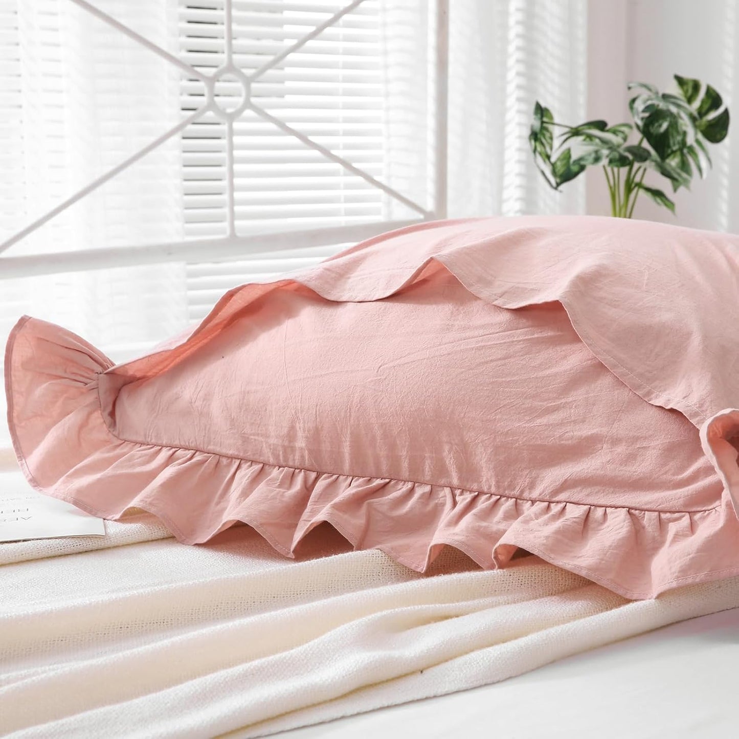 Mywinlle Ruffle Pillowcases Farmhouse Dusty Rose Throw Pillow Covers for Couch,Washed Cotton Vintage Pillow Shams for Bed, Sofa, Living Room -20"x20"