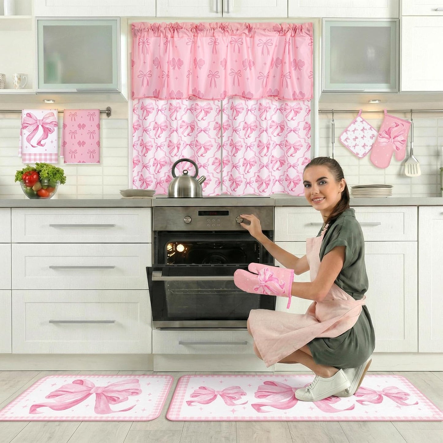 Fourluoo 13 Pcs Pink Bow Kitchen Decor Set 4 Coquette Kitchen Towels 2 Cute Nonslip Rugs and Mats 3 Pink Curtains Valance 2 Pot Holders 2 Oven Mitt for Home Decoration Mom Cooking Grilling Baking Gift