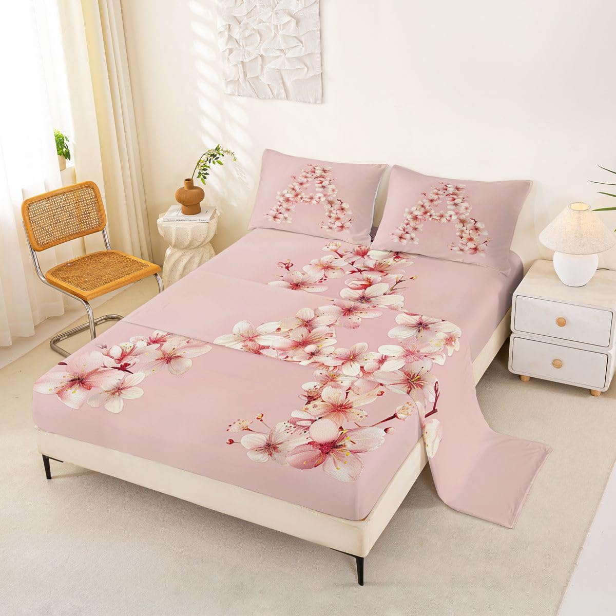 Feelyou Floral A Bed Sheets Set Queen Size Initial Letter Bed Set Romantic Flower Deep Pocket Fitted Sheet Breathable Soft Lightweight Microfiber