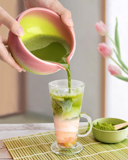 Joiish Matcha Whisk Set, Gradient Matcha Kit, Ceramic Bowl with Spout (18oz), Bamboo Whisk, Stainless Sifter, Scoop & Chasen Holder, 5-PC Complete Macha Tea Ceremony Tools (Pink-Green)