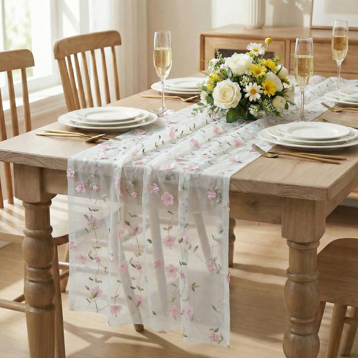 Artoid Mode Pink 3D Flower Gauze Embroidery Table Runner 120 Inch 10FT, Tulle Seasonal Spring Kitchen Dining Holiday Table Decor for Home Party