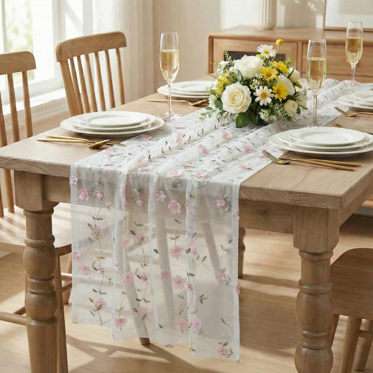 Artoid Mode Pink 3D Flower Gauze Embroidery Table Runner 120 Inch 10FT, Tulle Seasonal Spring Kitchen Dining Holiday Table Decor for Home Party